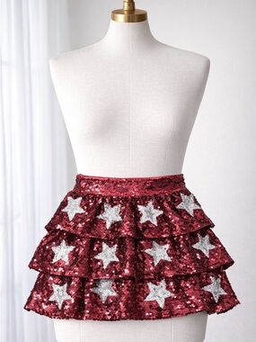 Boutique Red Sequin Star Skirt Tiered Ruffle Party Holiday Womens S